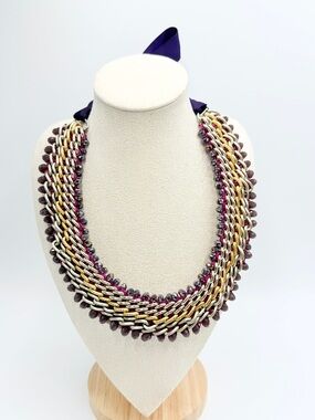 Amrita Singh Handwoven Chain Bib Necklace with Crystal Beads & Ribbon Tie